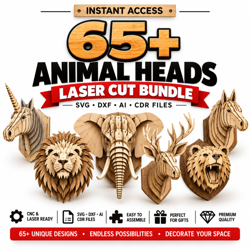 65+ 3D Animal Head Laser Cut Bundle | Wooden Wall Art SVG, DXF & AI Files