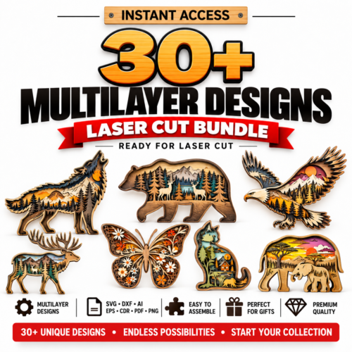 N 30+ Multilayer Animal Laser Cut Bundle | 3D Wooden Animal SVG, DXF, AI & EPS Files