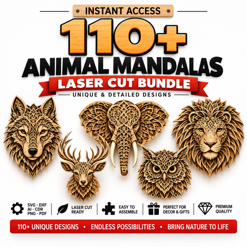 110+ Animal Mandala Laser Cut Bundle | Wall Art SVG, DXF & AI Files for CNC & Glowforge