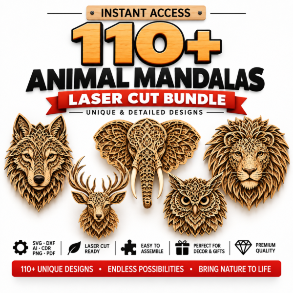 110+ Animal Mandala Laser Cut Bundle | Wall Art SVG, DXF & AI Files for CNC & Glowforge