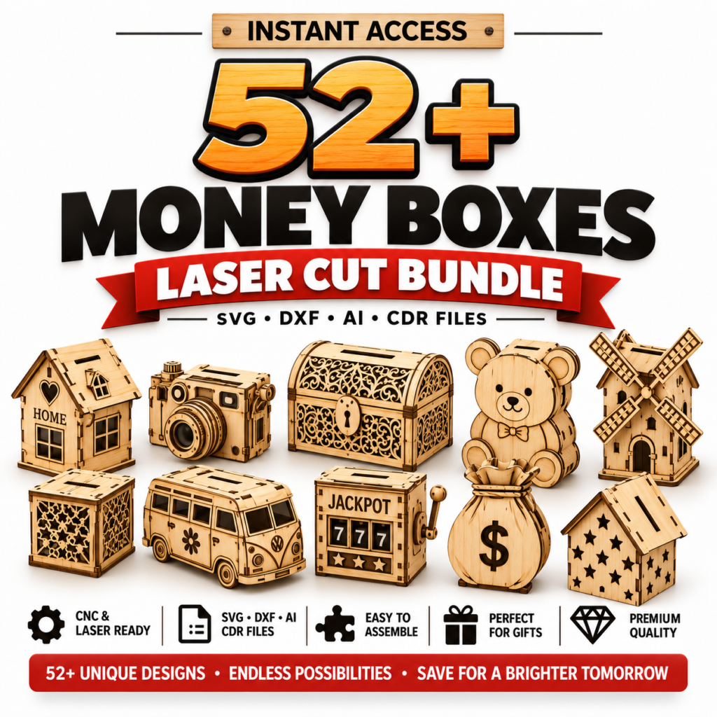 52+ Laser Cut Money Box Bundle | Piggy Bank & Coin Safe SVG, DXF, AI & CDR Files