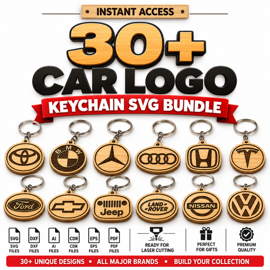 30 Car Logo Keychain Laser Cut Bundle | SVG, DXF, EPS, PNG & PDF Files